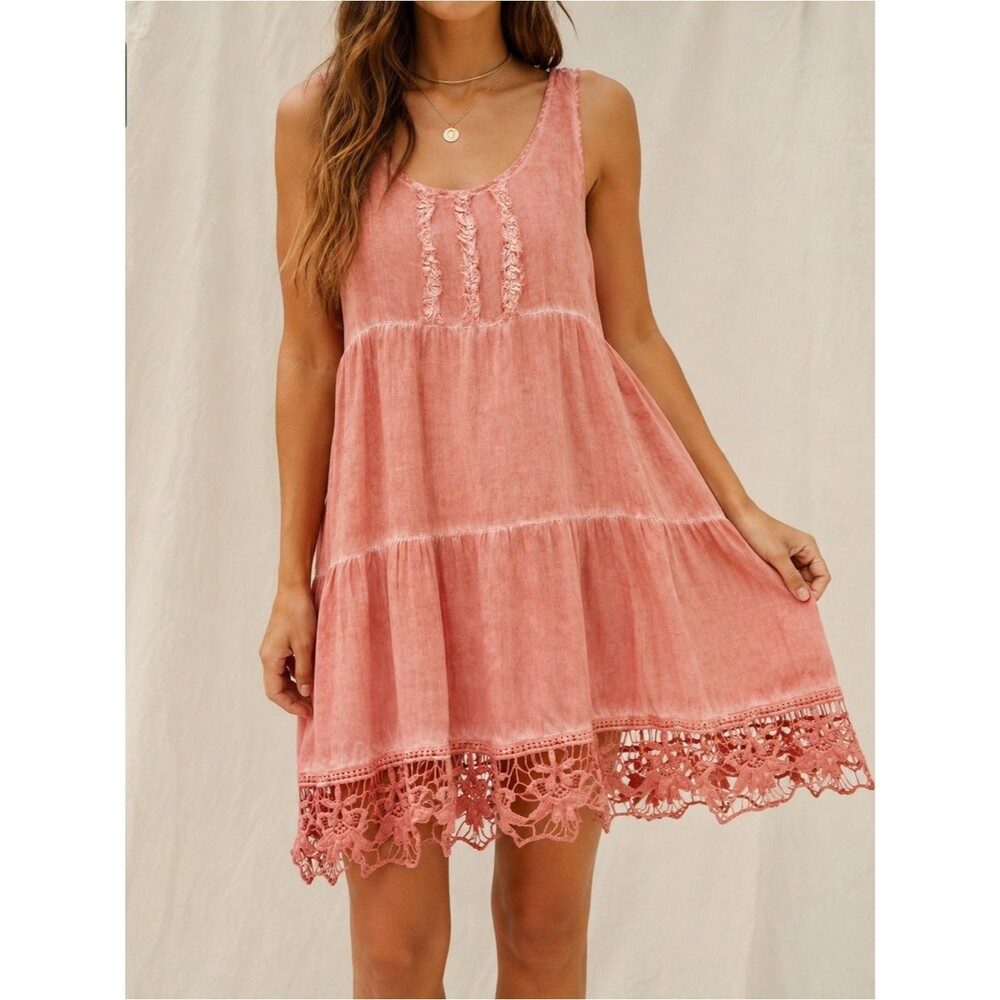 NWT Sea Gypsies Oleander Dress Sz Small Coral Pink Boho Crochet Hem Tiered Mini